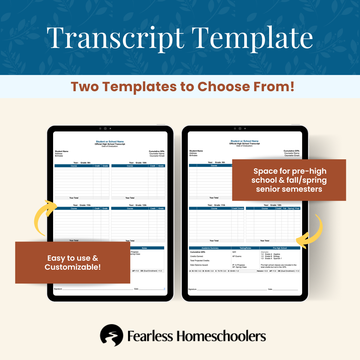 Two Homeschool Transcript Template for high school