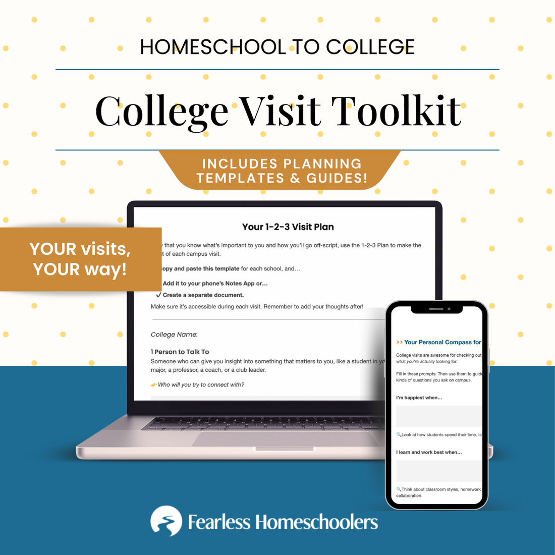 Homeschool to College College Visit Toolkit with laptop &amp; smartphone displaying templates and guides.