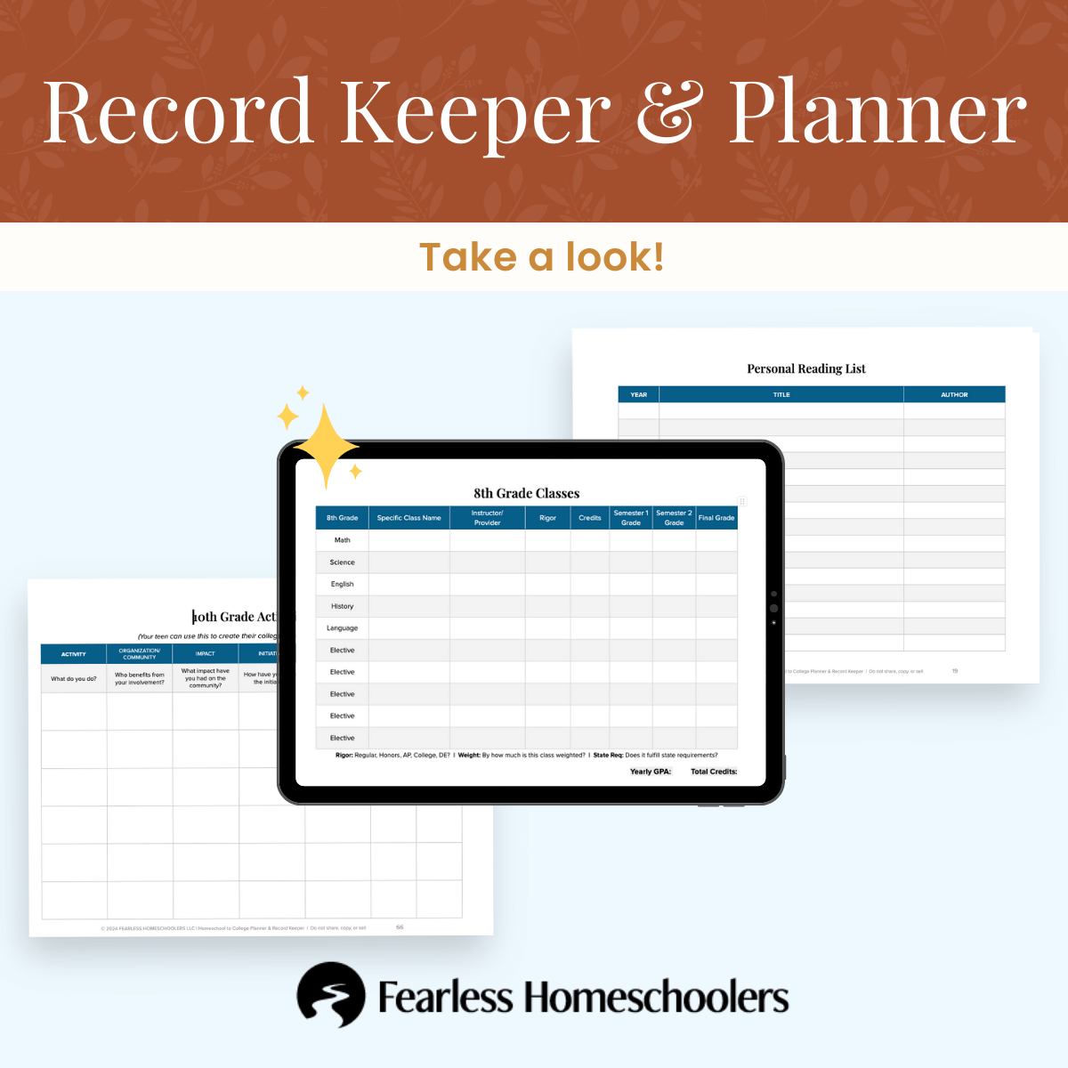 Homeschool Record Keeper &amp; Planner for Co-ops Samples