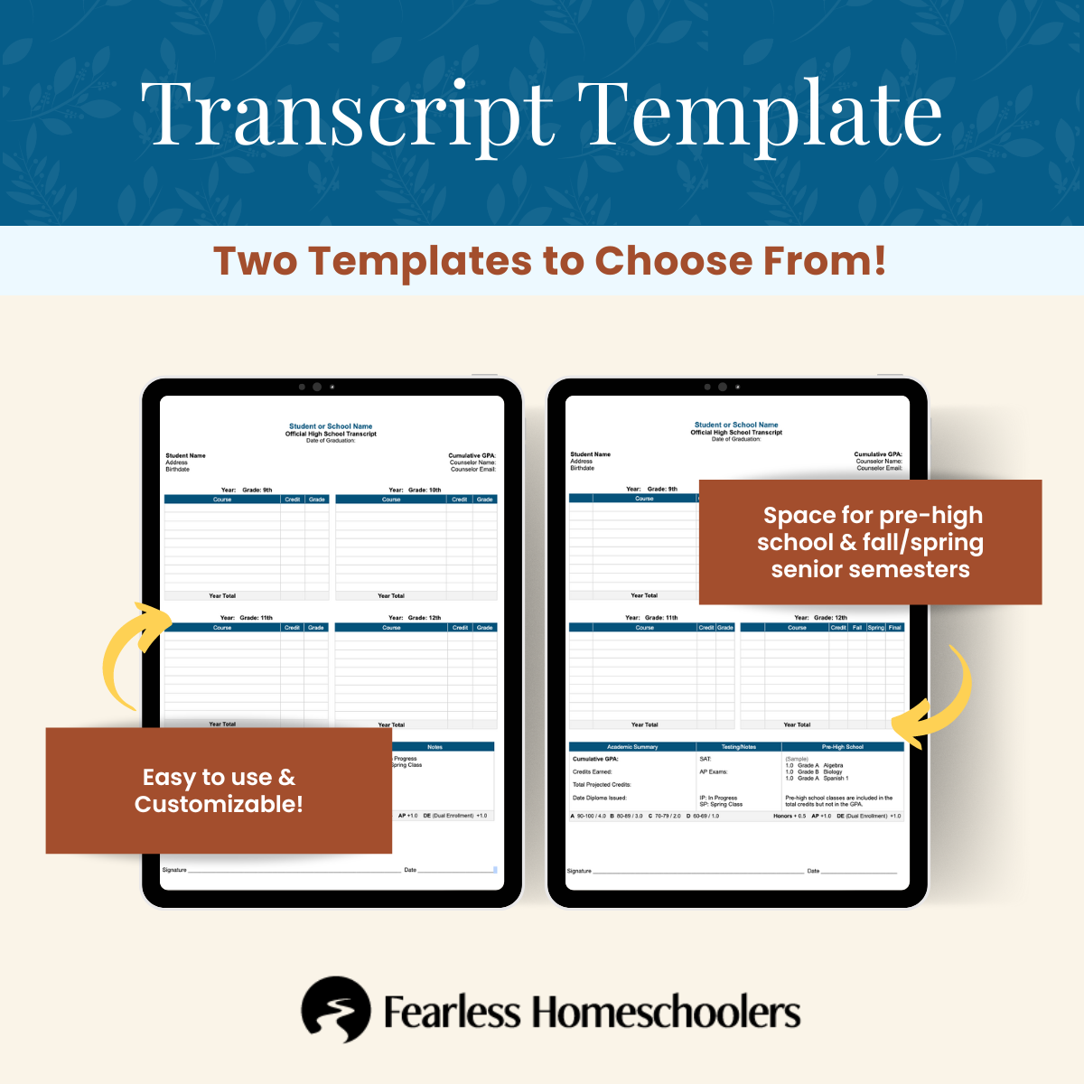 Two Homeschool Transcript Template for co-ops